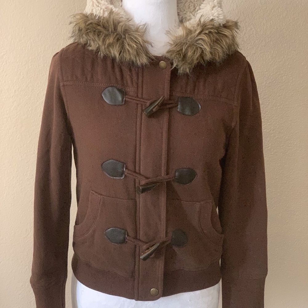 Women’s Brown Toggle Jacket with Faux Fur Hood